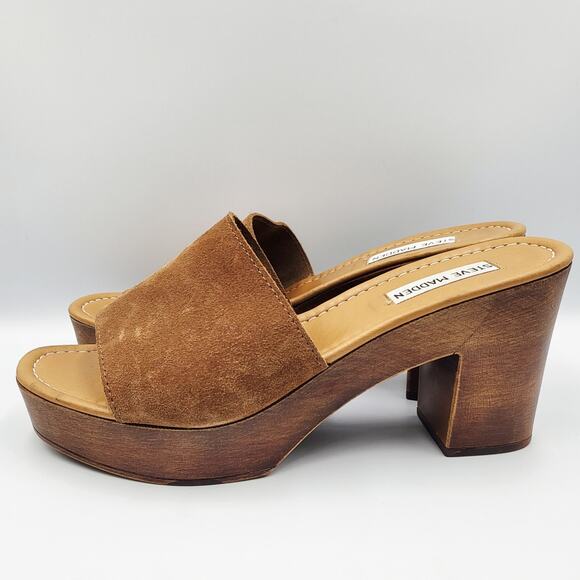 Steve Madden Fran Brown Leather Suede Wooden Platform Sandals Women's Size 10 - Picture 3 of 10